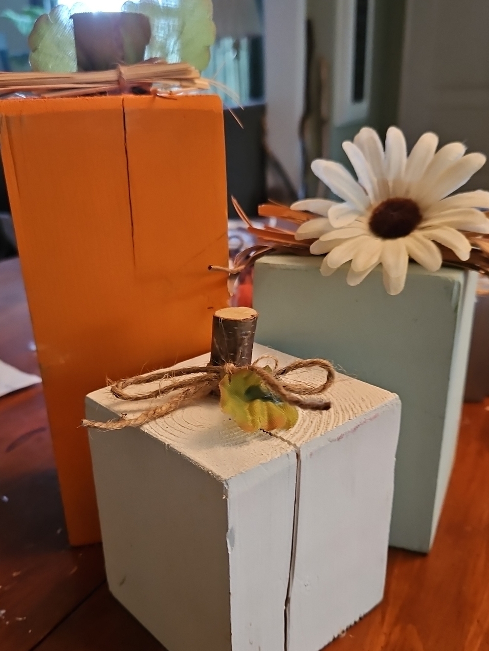 Handcrafted Decorative Wooden Blocks Set - Orange, Pale Blue, White